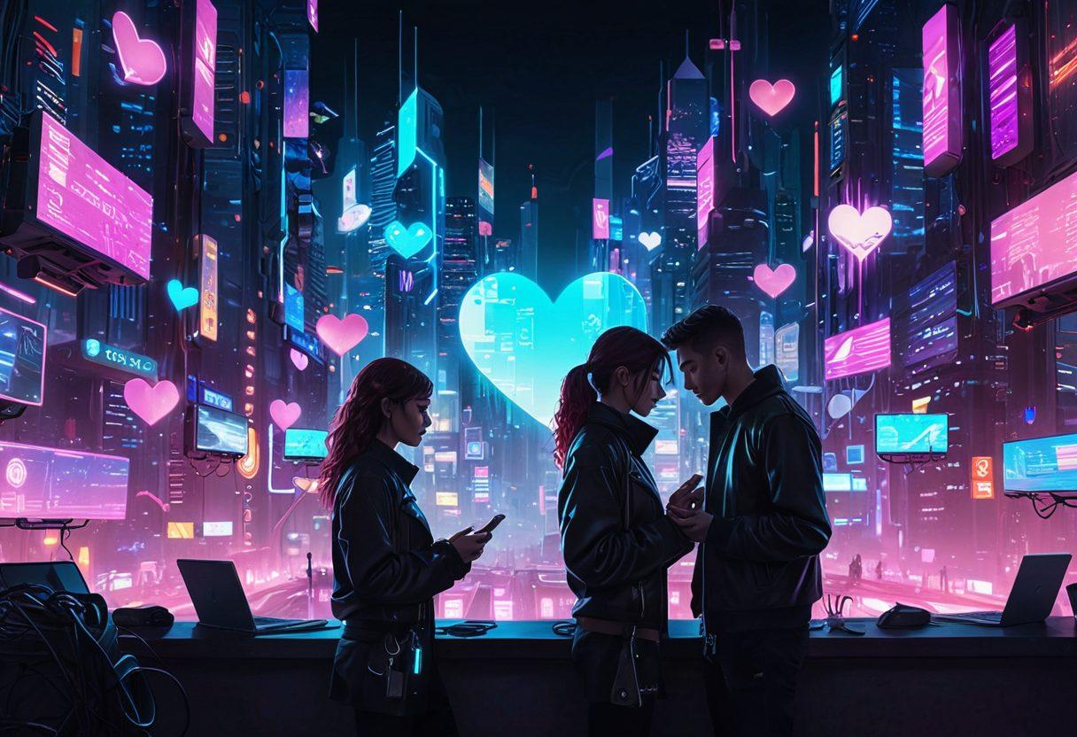 A digital love scene featuring a couple exchanging heartfelt messages on their smartphones, surrounded by floating digital locks and shields symbolizing cybersecurity. The background blends soft neon colors representing the digital era and a warm, cozy atmosphere. Show elements of privacy, like encrypted heart symbols and secure cloud icons, to emphasize confidentiality. Incorporate a futuristic cityscape in the distance. vibrant colors. cyberpunk.