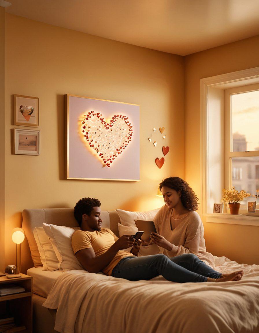 A couple embracing each other in a cozy, warmly lit room filled with digital devices like smartphones and laptops, with heart icons floating around them. The digital screens show love messages, and a subtle lock symbol signifies safety in their love life. The scene conveys intimacy while emphasizing the importance of digital security in relationships. super-realistic. warm colors. intimate atmosphere.