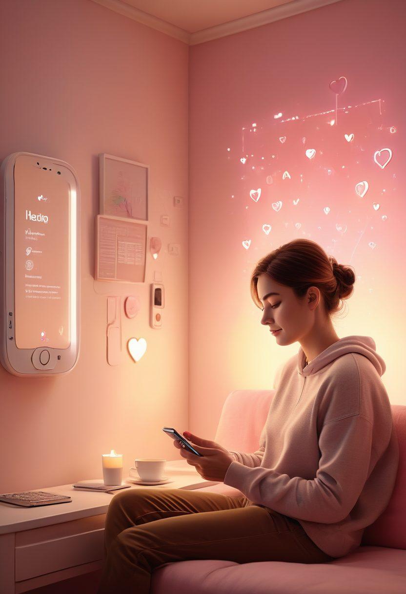 A split-screen design illustrating the contrast between online dating on a phone and a person feeling vulnerable in a cozy, dimly-lit room. Incorporate visual symbols of intimacy like hearts and digital locks for protection. Use soft pastel colors for a warm, inviting atmosphere while incorporating tech elements like messages and notifications. Emphasize the human connection with a subtle glow around the phone screen, suggesting warmth amidst the digital space. soft pastel colors. vector art.